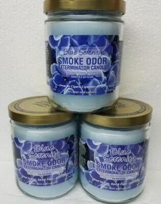 Smoke Odor Exterminator 13 oz Jar Candle, Blue Serenity Set of Three Candles.