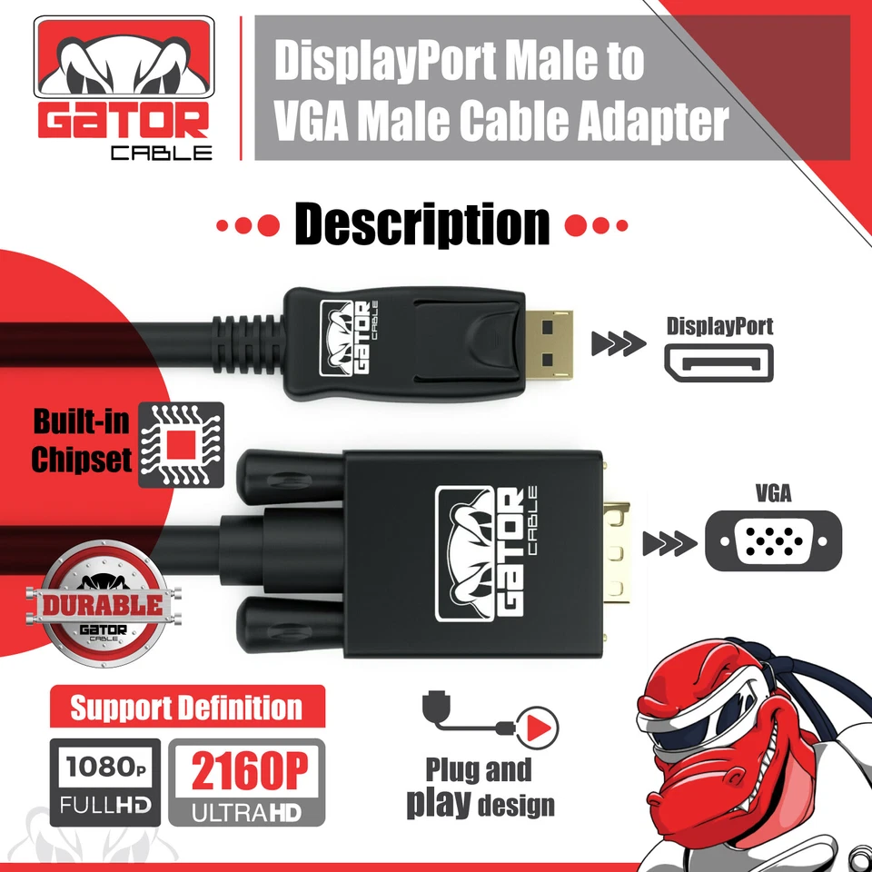 DisplayPort to VGA Cable Adapter For HDTV PC Desktop Monitor Video 4K 1080P 6FT - Image 4 of 4