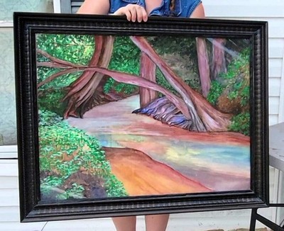 A River Runs Through Original Watercolor Handmade Frame Nature Landscape Paint
