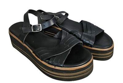 Bata Women's Black-Brown Leather Wedge Sandals / Size 8.5
