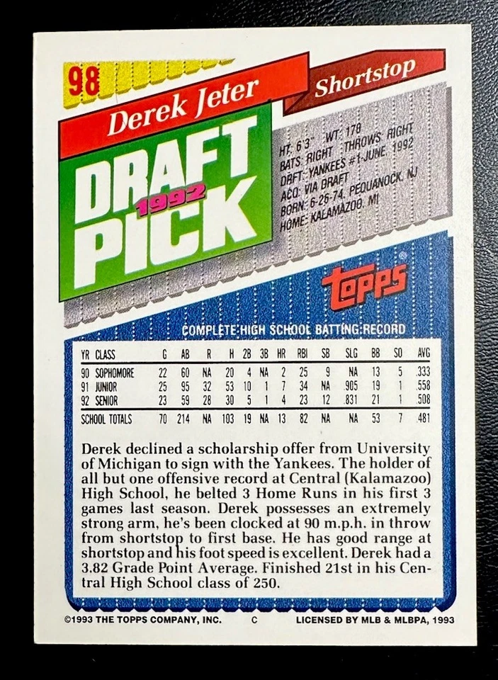 Derek Jeter 1993 Topps Oro #98 New York Yankees RC Novato Salón de la fama Ex Foto 2 de 4