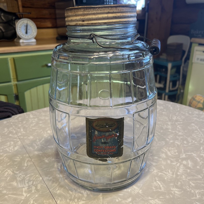 Vintage Large Glass Barrel Shaped General Country Store  Jar Keg w/ Handle-Label