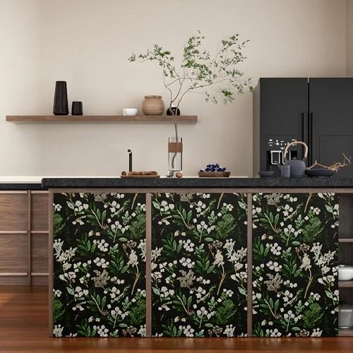 Papel Pintado Floral Oscuro Pelar y Pegar - Diseño Hoja Verde Vintage, Sel Impermeable Foto 4 de 4