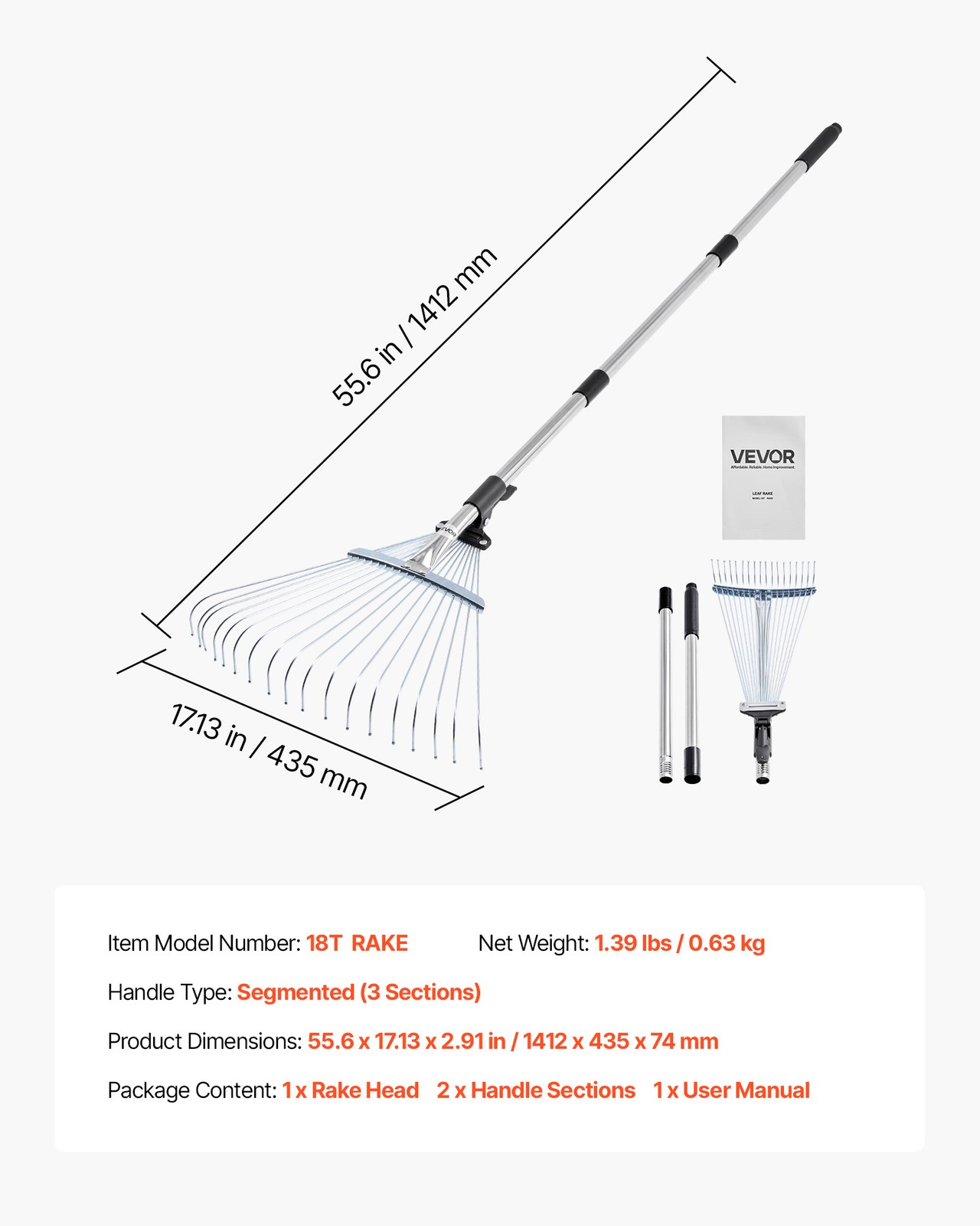 VEVOR Leaf Rake Steel Garden Rake 18-Tine 32.3-55.6 Inch Adjustable Long Handle