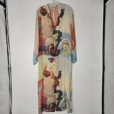 Citron Santa Monica Silk Sz L Chiffon Art Print Long Kimono Duster Maxi Coat