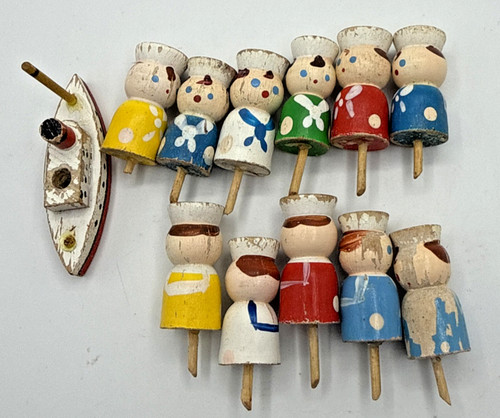 Vintage Wooden Sailor Ship Cake Toppers Candles holders retro Baking Birthday