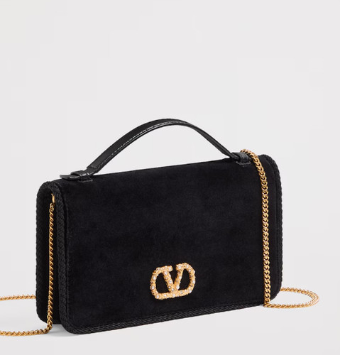 NWT NEW Valentino Garavani  V Logo Signature Black Velevt Wallet On Chain Bag