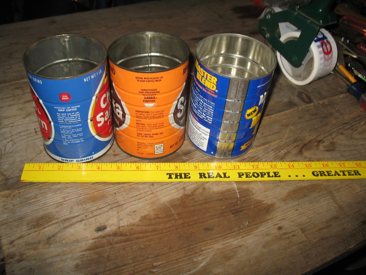VTG TIN COFFEE CANS 1 POUND CHASE & SANBORN SANKA & MAXWELL HOUSE