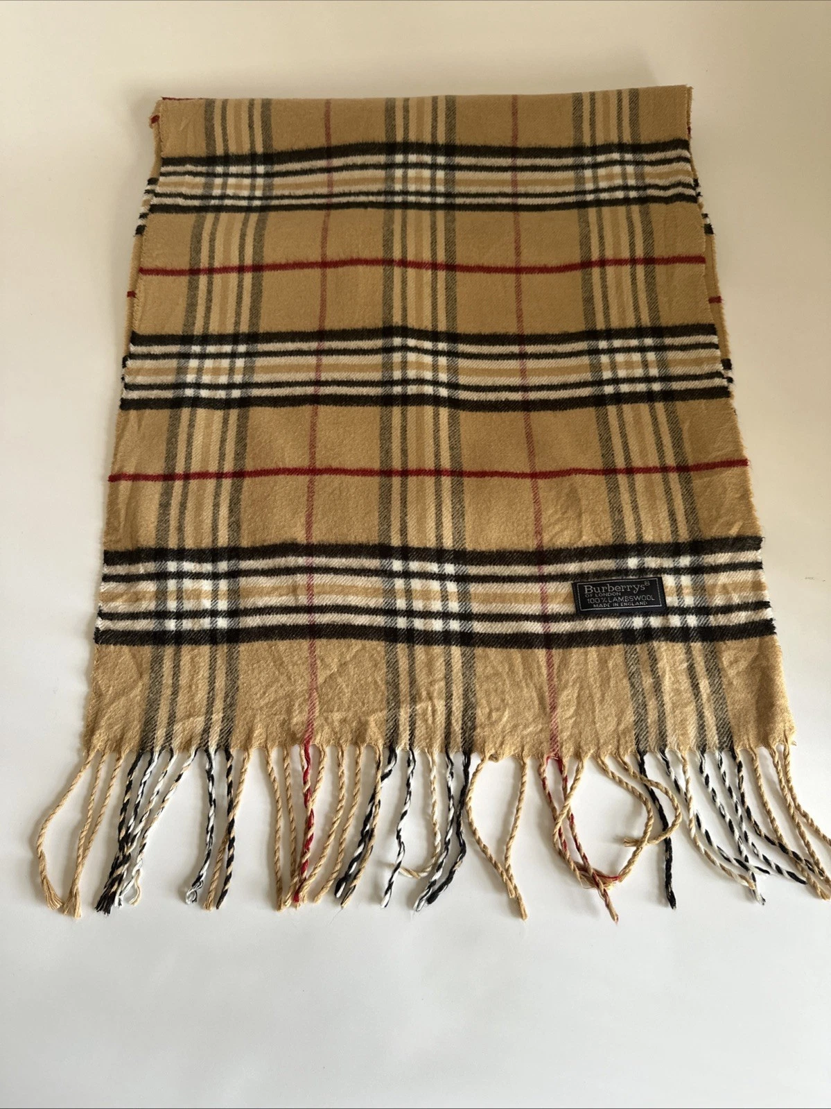 Vintage Burberry 100% Lambswool Checked Scarf, Tan Nova Check With Fringe