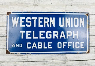 VINTAGE WESTERN UNION TELEGRAPH 12x6" PORCELAIN OIL GASOLINE PUMP STATION SIGN