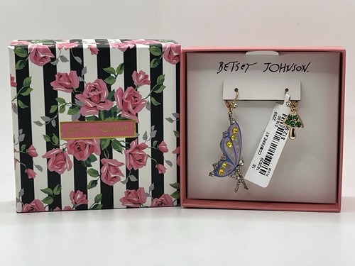 Betsey Johnson Enchanted Fairy & Mushroom Gold Tone Mismatch Drop Earrings NIB