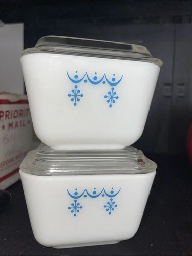 VTG Pyrex Blue Garland Snowflake Refrigerator Dish 501B Glass Lid 501C No Chips