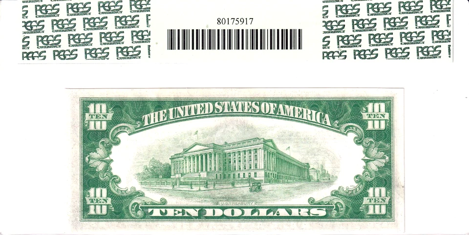 1934 $10 Federal Reserve Note Light Green Seal Dallas PCGS 63PPQ #K04303290A - Image 2 of 2