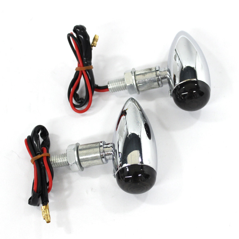 2x Motorcycle Chrome Micro Bullet Turn Signals – Smoked Lens, Amber Halogen – Front/Rear Left/Right