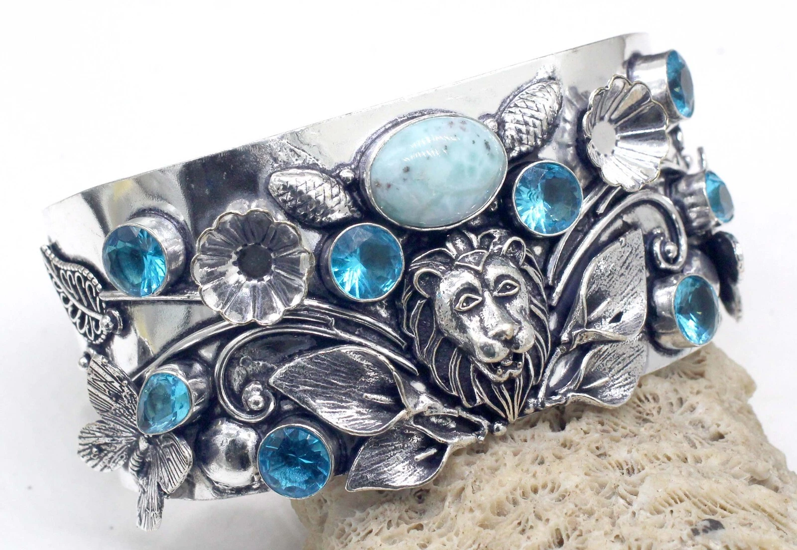 VALENTINO Bracciale in argento sterling 925 con pietre preziose Larimar e topazio misura ADJ