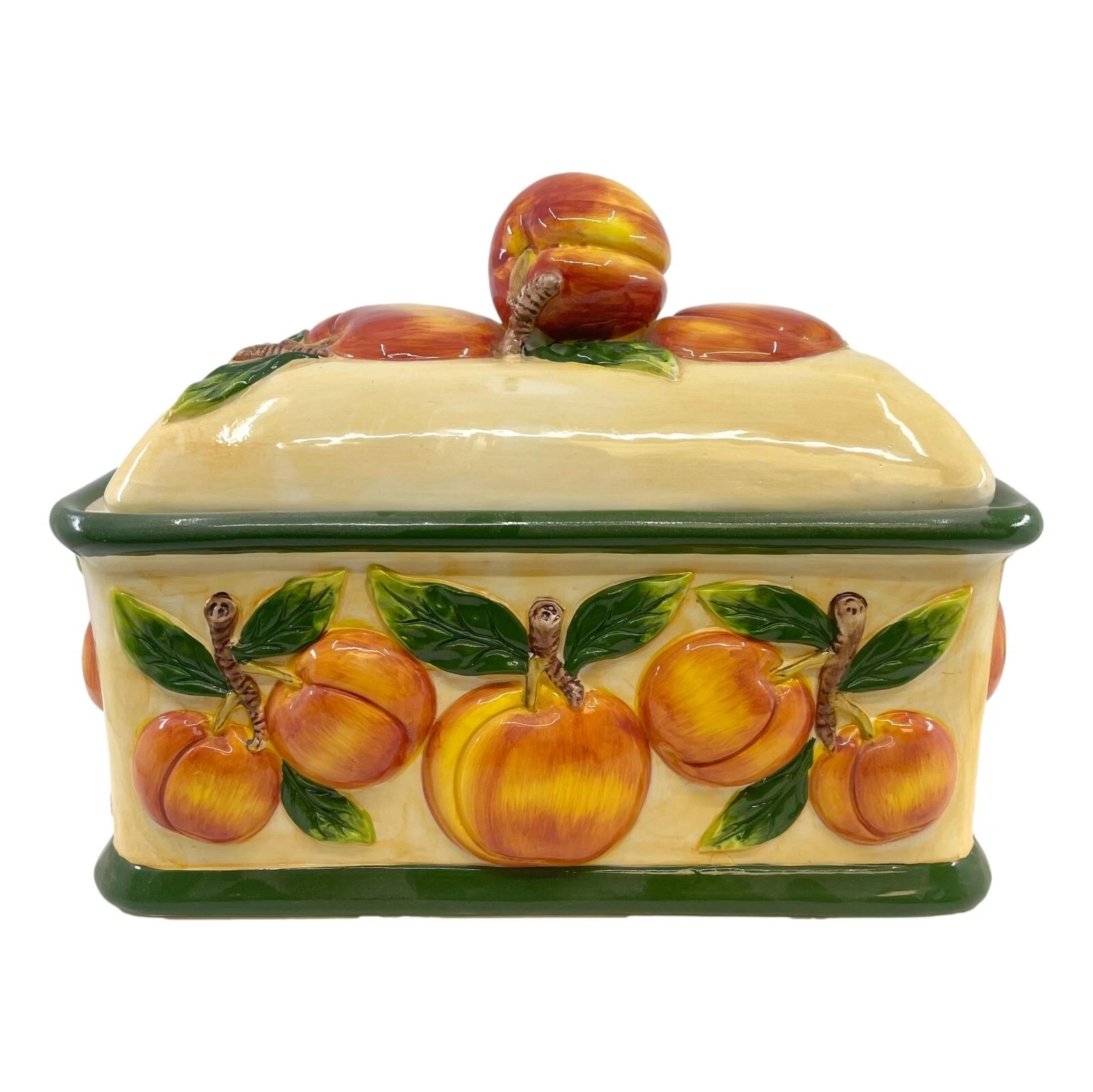 KMC Ceramic 3D Peaches Bread Box 13 x 7” Hand Painted Mid Century Modern