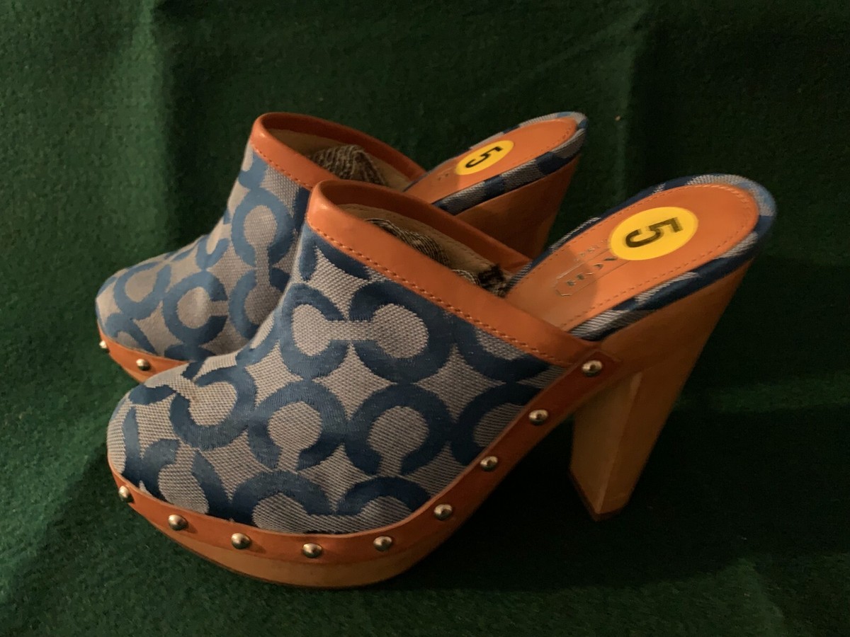 Coach BACALL Blue Canvas LOGO Wooden Clogs Heels Platform