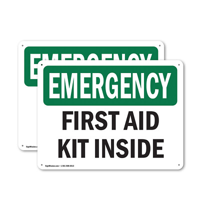 (2 Pack) First Aid Kit Inside OSHA Emergency Sign Decal Metal Plastic