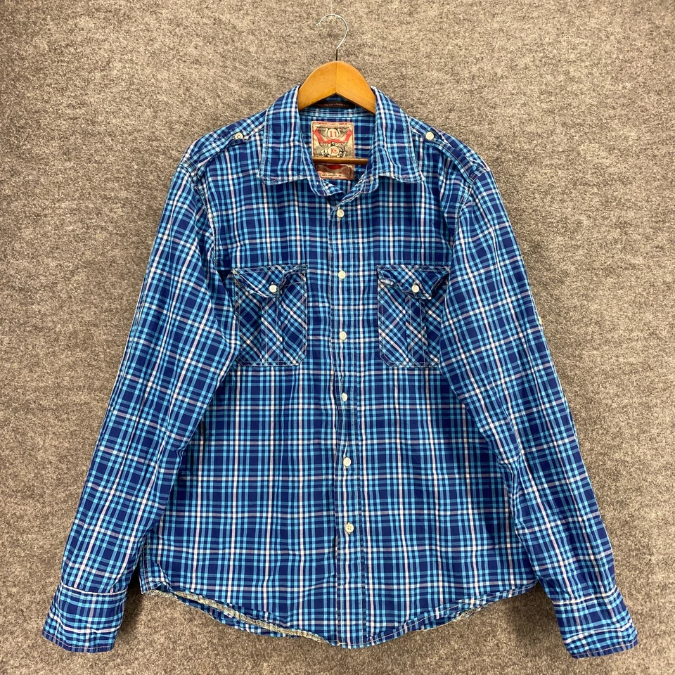 Just A Cheap Shirt Men 2XL Blue Plaid Button Up Collared Long Sleeve Pockets - Image 3 of 4