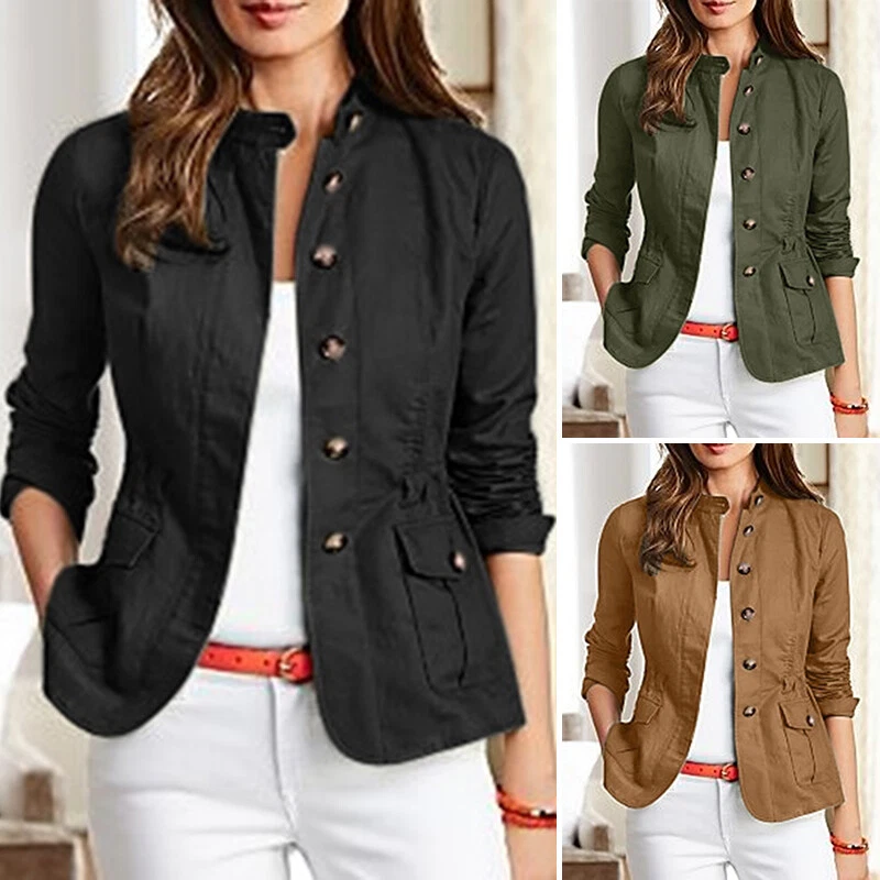 ZANZEA Mujeres Cuello Alto Botón Calce Ajustado Chaqueta Militar Abrigo Informal Blazer Foto 4 de 4