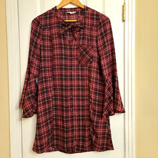 Jack by BB Dakota Womens Button Up Tie Neck Red Plaid Bell Sleeve Dress Size XS