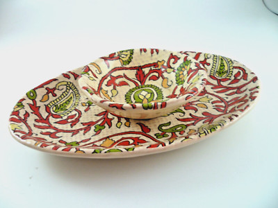 2 PC POTTERY BARN PAISLEY Serving Small PLATE 9X6 AND DIPPING BOWL 4X4 Red Green