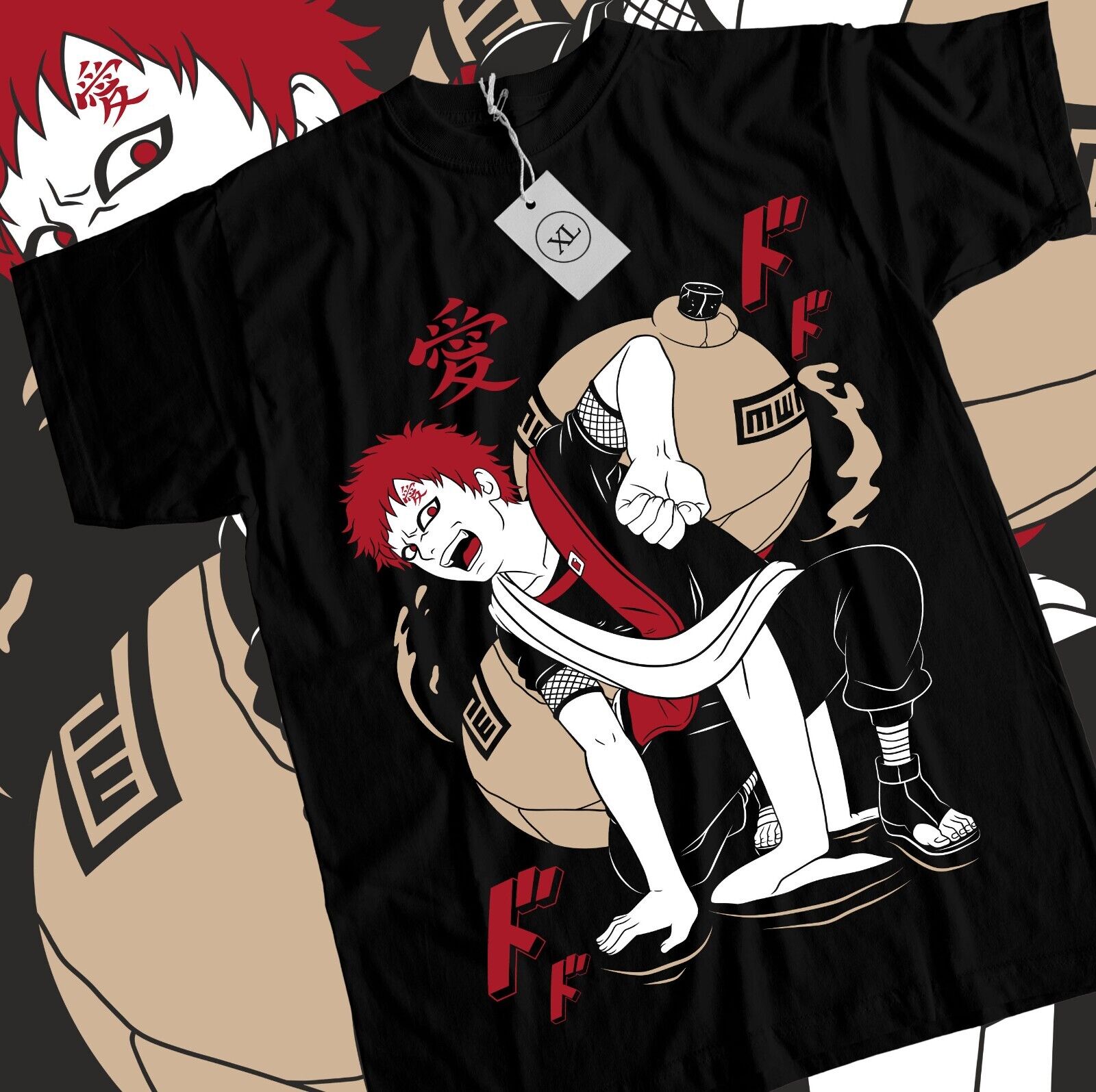 Naruto Camiseta clásica Gaara con símbolo Kanji y Sand Village, Negro 