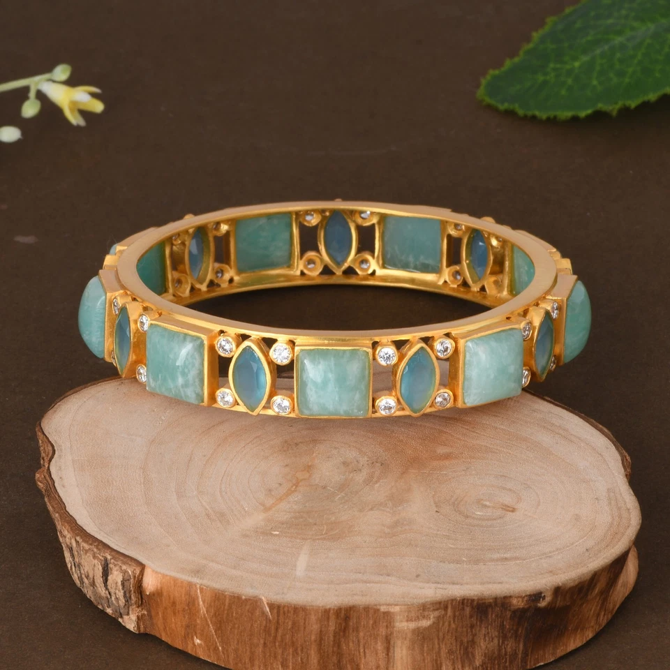 Brazaletes de mujer amazonita y calcedonia azul diseñador latón chapado en oro de 18 quilates joyería Foto 3 de 4