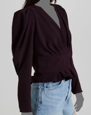 $375 IRO Women's Purple Low V-Neck Puff Shoulder Stephanie Top Size FR 44/US 12