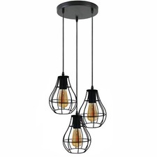 Industrial 3-Light Pendant Ceiling Light Black Cage Kitchen Dining Hanging Lamp