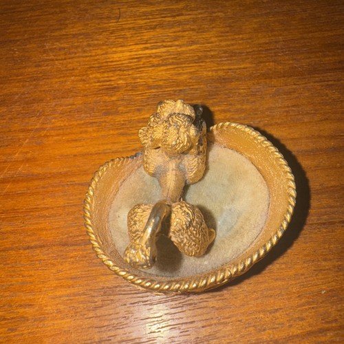 Vintage Unsigned Florenza Poodle Pincushion Gold Enamel With Grey Velvet Dog Bed - Picture 3 of 9