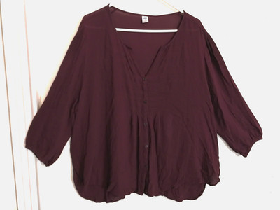 Old Navy Womens Blouse 2X Plus Burgundy Purple V-Neck Button Up Shirt 3/4 Sleeve