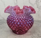 Vintage Fenton Cranberry Glass 5" Texture Opalescent Hobnail Ruffled Vase Pink