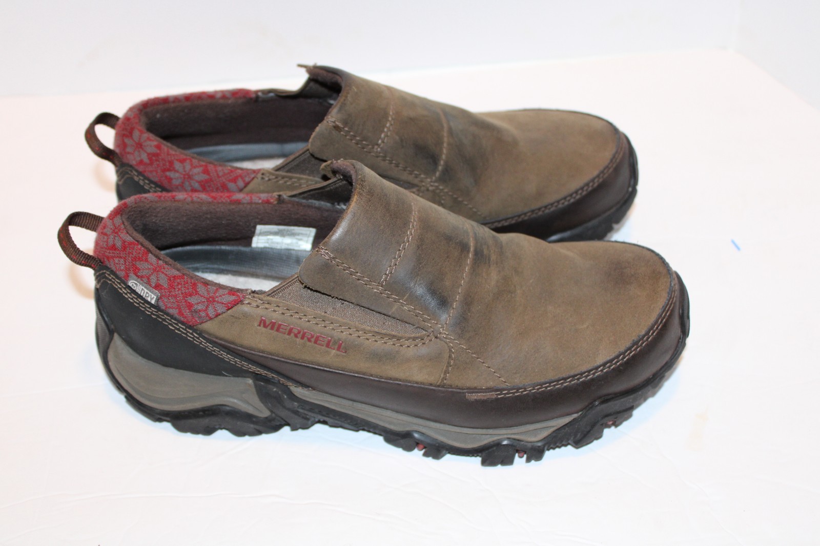 Scarpe Merrell Select Dry da donna taglia 9 slip on marrone rosso pelle termica attiva