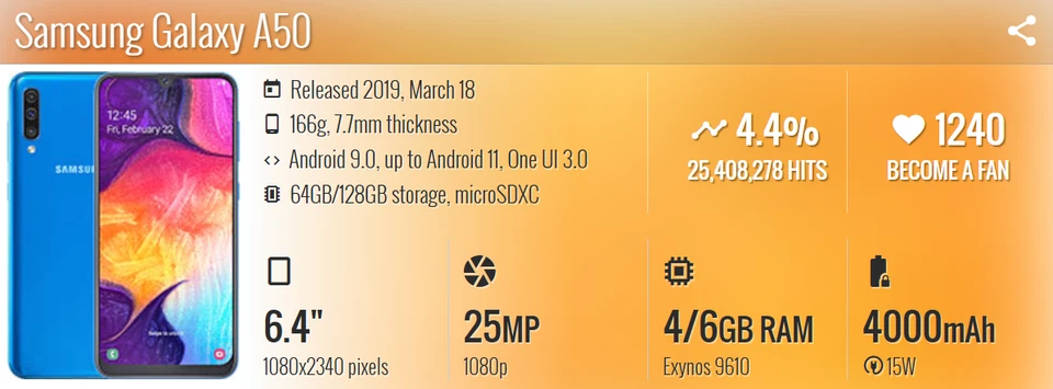 Samsung Galaxy A50 A505F 2-SIM 128GB 6.4" Fingerprint Unlocked GSM 4G Smartphone - Image 3 of 4