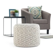 Emile Round Macrame Pouf Natural - WyndenHall: Handwoven, Cotton Upholstery,