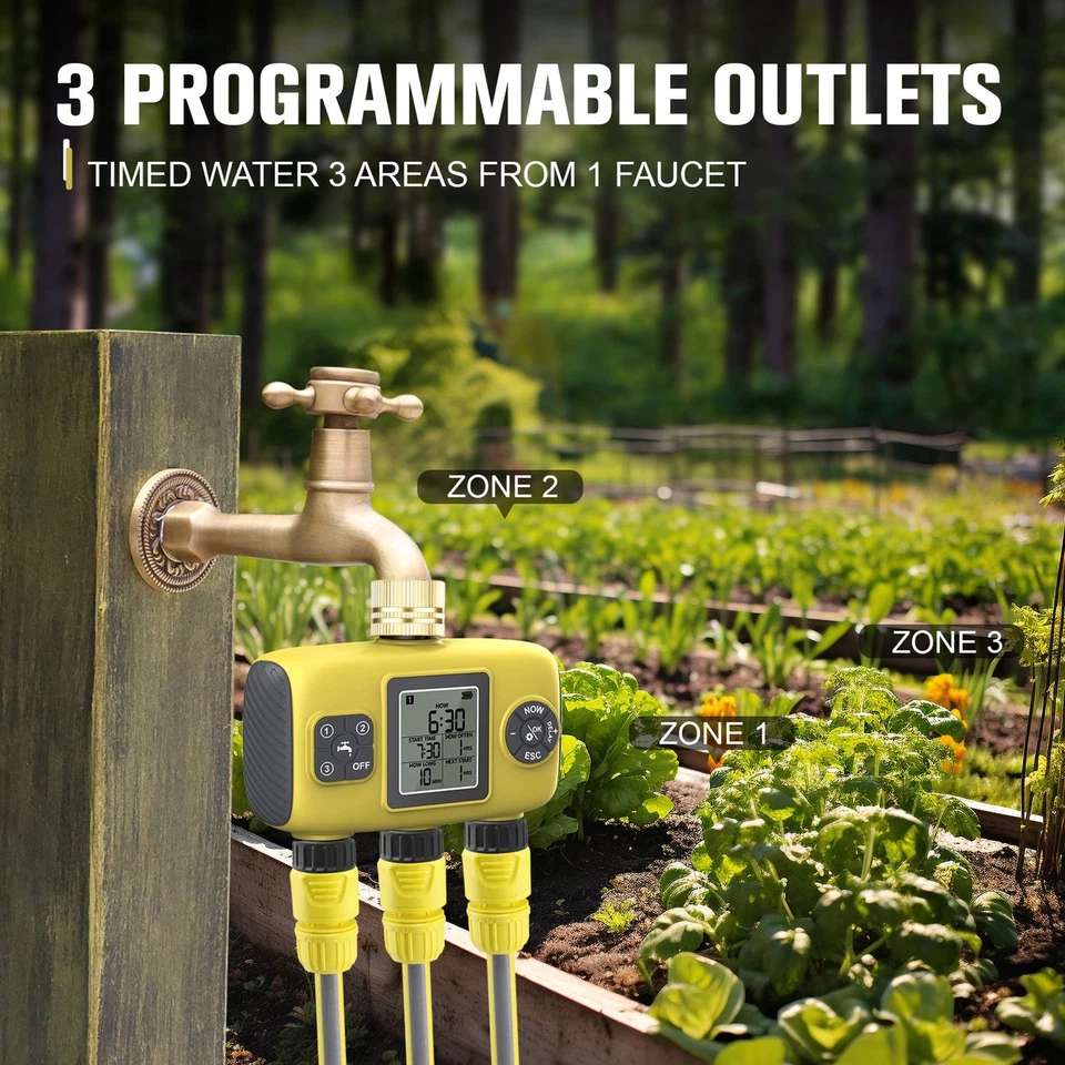 1-Water Timer Irrigation System With 3 Outlets For Garden Programmable JRDN - Image 2 of 4