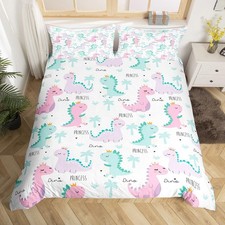 Dinosaur Bedding Set For Girls Twin Size Cute Pink Purple Dinos Duvet Cover C...