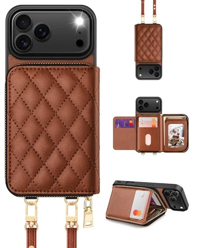iPhone 17 Pro Max Wallet Case PU Leather RFID Blocking – Argyle Brown with Wrist