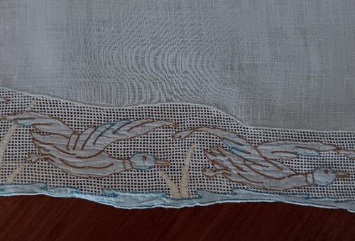 Tavolo Lino Vintage Runner Reverse Ricamato Anatre Uccellini Pizzo a nido d'ape - Foto 3 di 6