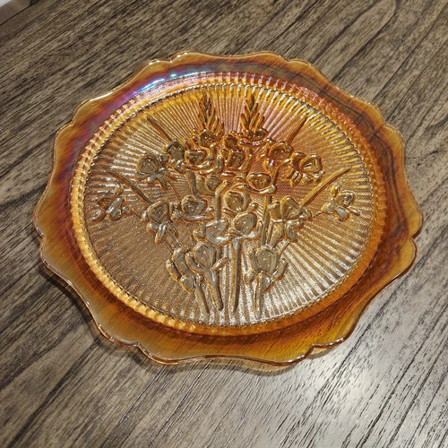 Jeanette Carnival Glass Vintage 1950’s Marigold Iris & Herringbone Platter Tray