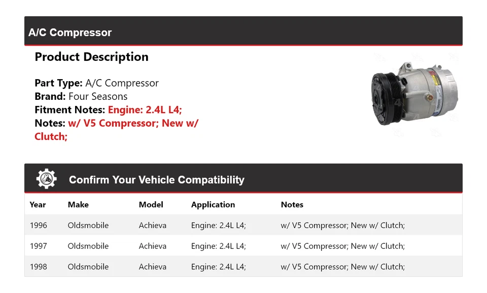 Compresor de aire acondicionado Oldsmobile Achieva 1996-1998 2,4 L L4 4 estaciones 1997 Foto 2 de 4