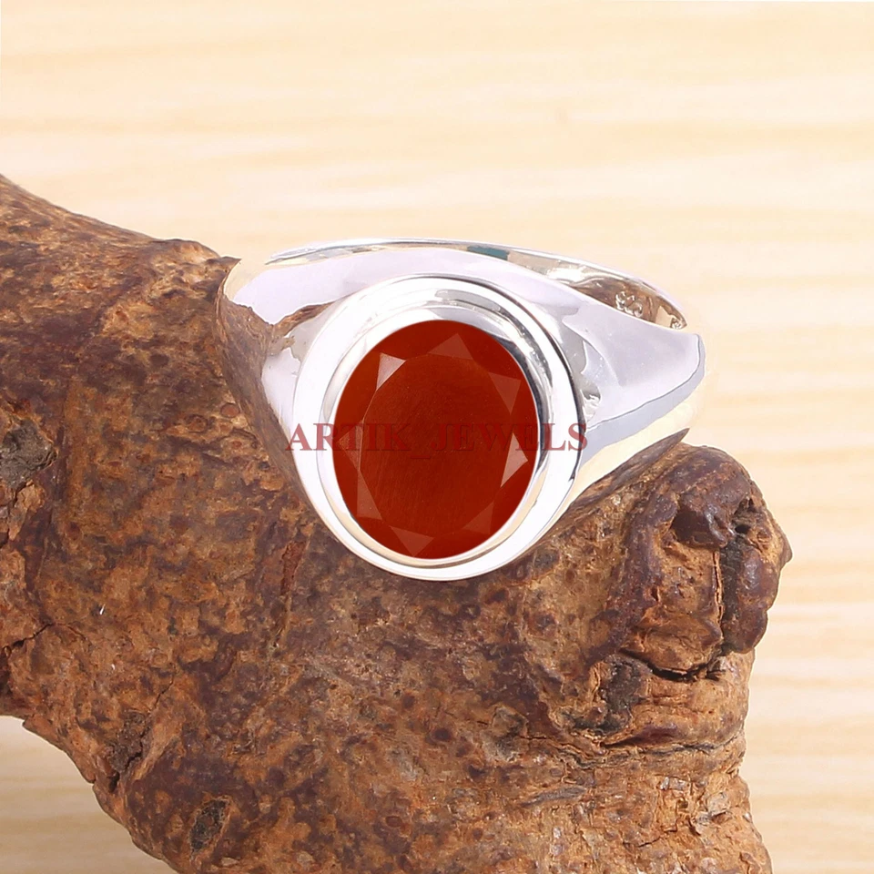 Naturel Rouge Onyx Pierre Précieuse Avec 925 Bague en Argent pour Homme #5784 - Photo 1/4
