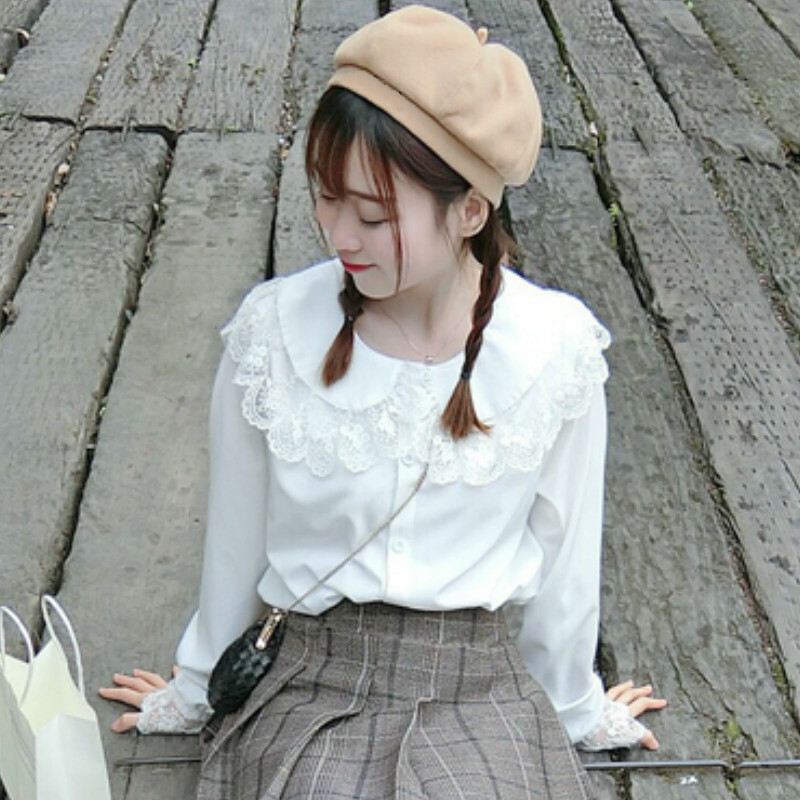 Blusa Donna Top Camicia Pizzo Volant Carina Lolita Cotone