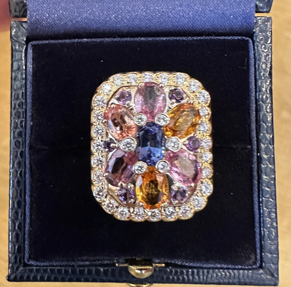 Multicolor Sapphire & Diamond Large Cocktail Ring in 18k Yellow Gold - HM2516BE