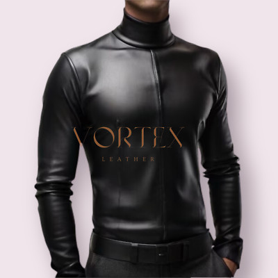 Men's Black Leather Hi-neck Shirt Genuine Lambskin Leather Shirt Slim Fit Shirt