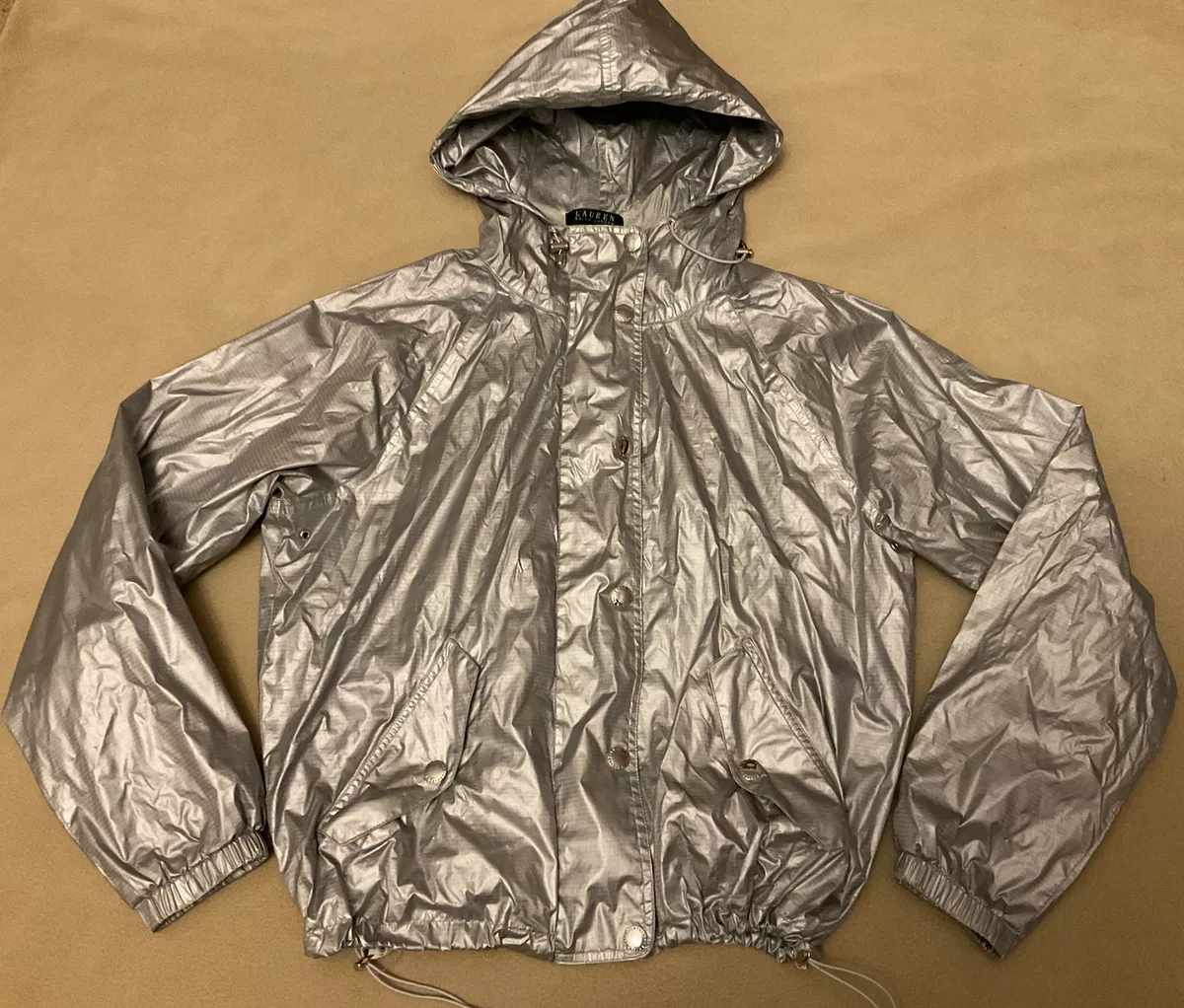 Lauren Ralph Lauren silver jacket hooded large womens windbreaker