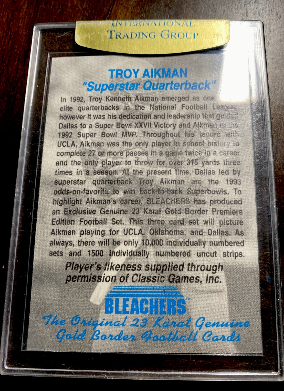 1992 Bleachers Troy Aikman Autographed 23 Karat Genuine Gold Border