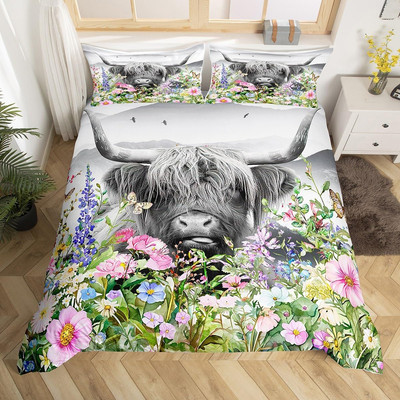 Highland Cow Duvet Cover Queen,Watercolor Flowers Animals Plants Bedding Set 3Pc