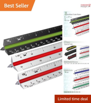 12 Inch Aluminum Engineer Ruler Set for Blueprints Drafting and Construction